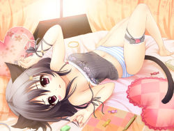 Rule 34 | 1girl, animal ears, bad id, bad nicoseiga id, bare legs, bare shoulders, barefoot, bed, black hair, blush, bridal garter, camisole, candy, cat ears, cat tail, flat chest, food, frilled pillow, frills, hair ornament, hairclip, heart, heart-shaped pillow, looking at viewer, lying, midriff, navel, no pants, off shoulder, on back, original, panties, pillow, pink eyes, shiramori yuse, solo, strap slip, striped clothes, striped panties, sunlight, tail, thigh strap, underwear, upside-down
