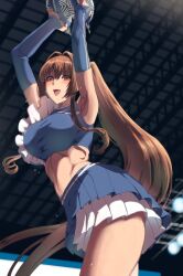 Rule 34 | 1girl, arm warmers, armpits, blue skirt, breasts, brown eyes, brown hair, cheerleader, hair intakes, highres, hokkaido nippon-ham fighters, indoors, kantai collection, large breasts, long hair, looking at viewer, midriff, mrdotd, nippon professional baseball, open mouth, ponytail, sidelocks, skirt, solo, stadium, sweatdrop, toned, very long hair, white skirt, yamato (kancolle)