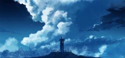 Rule 34 | absurdres, blue theme, building, chinese commentary, cloud, cloudy sky, commentary request, fence, highres, lighthouse, no humans, original, outdoors, scenery, signature, sky, skyrick9413, stairs