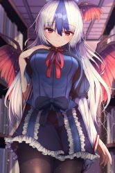 Rule 34 | 1girl, alternate hair length, alternate hairstyle, black capelet, black pantyhose, blue dress, blurry, blurry background, blush, bookshelf, breasts, capelet, commentary request, cowboy shot, darumoon, depth of field, dress, feathered wings, frills, from below, hair between eyes, hand on own chest, head wings, highres, indoors, large breasts, light particles, long hair, looking at viewer, multicolored hair, pantyhose, petticoat, red eyes, red neckwear, red ribbon, ribbon, smile, solo, streaked hair, tokiko (touhou), touhou, very long hair, wings