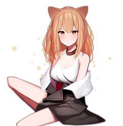Rule 34 | 1girl, absurdres, animal ears, arknights, beudelb, black jacket, blush, breasts, brown hair, cleavage, collar, fur-trimmed jacket, fur trim, highres, jacket, large breasts, lion ears, lion tail, long hair, looking at viewer, off shoulder, open clothes, open jacket, siege (arknights), simple background, sitting, solo, studded collar, tail, tank top, white background, white tank top
