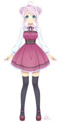 Rule 34 | 1girl, ankle strap, blue eyes, blush, collared shirt, corset, double bun, dress, frilled dress, frilled shirt collar, frills, full body, hair bun, ibuki ena, long sleeves, looking at viewer, neck ribbon, original, pink hair, ribbon, shirt, smile, solo, straight-on, thighhighs