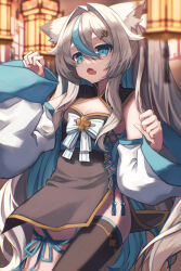 Rule 34 | 1girl, absurdres, animal ears, blue eyes, breasts, cat ears, cat girl, cat tail, china dress, chinese clothes, cleavage, commentary request, detached sleeves, dress, fang, grey hair, hair between eyes, hair ornament, hairclip, highres, long hair, long sleeves, looking at viewer, multicolored hair, original, paw pose, side slit, sidelocks, simple background, single thighhigh, small breasts, solo, squallea, streaked hair, tail, thighhighs, thighlet, twintails, two-tone hair, wide sleeves