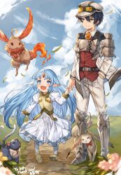 Rule 34 | 1boy, 1girl, absurdres, animal, armor, armored boots, ayacho, belt, black belt, black hair, blue eyes, blue hair, blue sky, blurry, blurry foreground, blush, boots, breastplate, brother and sister, child, closed mouth, cloud, cloudy sky, collared shirt, commission, day, dress, el mofus (black hair male), fang, floating hair, forehead jewel, goggles, goggles on headwear, green eyes, hand in pocket, highres, holding finger, juliet sleeves, kalar (race), long hair, long sleeves, necktie, orange necktie, outdoors, pants, pantyhose, parted bangs, pigeon-toed, pointy ears, puffy sleeves, rance (series), rance 10, red vest, reset kalar, shirt, short hair, shoulder pads, siblings, skeb commission, skin fang, sky, standing, very long hair, vest, white dress, white headwear, white pants, white pantyhose, white shirt, wind, wind lift