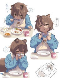 Rule 34 | 1girl, animal ears, apron, arknights, atte nanakusa, blush stickers, brown eyes, brown hair, child, closed eyes, cup, eating, food, highres, holding, holding spoon, kindergarten uniform, medium hair, multiple girls, parted lips, shaw (arknights), spoon, squirrel ears, squirrel tail, tail, translation request, u u, wiping face, zzz