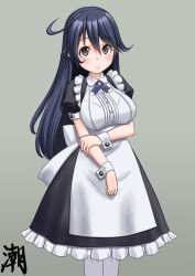 Rule 34 | 1girl, ahoge, alternate costume, apron, black dress, black hair, blush, breasts, brown eyes, buttons, collared shirt, cowboy shot, crossed arms, dress, eyebrows, frilled apron, frilled dress, frills, gradient background, green background, hair between eyes, headband, highres, kantai collection, large breasts, long hair, looking at viewer, maid, maid apron, pantyhose, puffy short sleeves, puffy sleeves, ribbon, shirt, short sleeves, solo, t2r, text focus, ushio (kancolle), white apron, white hair