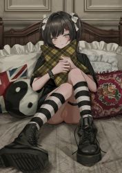 Rule 34 | 1girl, absurdres, ankle boots, black footwear, black hair, black shirt, boots, bracelet, cleft of venus, closed mouth, commentary, cross-laced footwear, english commentary, gishiki (gshk), hair ribbon, highres, hoshimaru, hugging object, jewelry, kneehighs, knees together feet apart, lace-up boots, looking at viewer, medium hair, narutaru, no panties, nude filter, on bed, original, pillow, pillow hug, pussy, ribbon, shirt, shoe soles, sitting, socks, solo, spiked bracelet, spikes, star-shaped pillow, striped clothes, striped socks, third-party edit, twintails, uncensored, upskirt, white ribbon, yellow eyes, yin yang