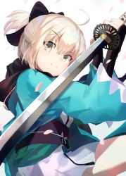 Rule 34 | 1girl, absurdres, ahoge, black bow, black scarf, blonde hair, bow, fate/grand order, fate (series), from side, hair bow, highres, holding, holding sword, holding weapon, japanese clothes, katana, kimono, koha-ace, okita souji (fate), okita souji (koha-ace), same (sendai623), scarf, shinsengumi, short kimono, solo, standing, sword, unsheathed, weapon, white kimono, yellow eyes