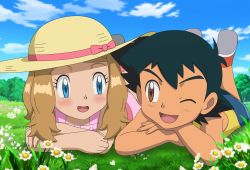 Rule 34 | 1boy, 1girl, ;d, aged down, ash ketchum, black hair, blue eyes, blue shorts, blush, bow, brown eyes, cloud, commentary request, creatures (company), daisy, day, dress, eye contact, eyelashes, flower, game freak, grass, hat, hat bow, hetero, highres, jitan (jjvm4477), looking at another, lying, nintendo, official style, on stomach, one eye closed, open mouth, outdoors, pink dress, pokemon, pokemon (anime), pokemon xy (anime), red footwear, serena (pokemon), shirt, shoes, short hair, shorts, sidelocks, sky, smile, tongue, white flower, yellow headwear, yellow shirt