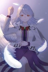 Rule 34 | 1girl, angel wings, arm up, beige jacket, bow, bowtie, braid, breasts, brooch, center frills, closed mouth, commentary request, dress, expressionless, feathered wings, feathers, feet out of frame, french braid, frills, grey background, hand up, highres, jewelry, kishin sagume, light particles, looking at viewer, lying, medium breasts, medium hair, on back, petticoat, purple dress, red bow, red bowtie, red eyes, silver hair, simple background, single wing, solo, swept bangs, touhou, umeko 81, wings
