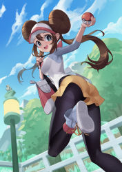 Rule 34 | 1girl, :d, absurdres, ass, bird, black pantyhose, bow, breasts, bright pupils, brown hair, cloud, commentary, creatures (company), day, double bun, doughnut hair bun, erudite-sama, fence, from below, game freak, gen 5 pokemon, green eyes, hair bun, hands up, highres, holding, holding poke ball, large breasts, leg up, long hair, nintendo, open mouth, outdoors, pantyhose, pantyhose under shorts, pidove, pink bow, poke ball, poke ball (basic), pokemon, pokemon (creature), pokemon bw2, raglan sleeves, rosa (pokemon), shoes, short shorts, shorts, sky, smile, sneakers, teeth, tongue, tree, twintails, upper teeth only, visor cap, white pupils, yellow shorts
