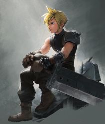 Rule 34 | 1boy, black pants, black sweater, blonde hair, boots, brown footwear, brown gloves, buster sword, cloud strife, combat boots, commentary, earrings, english commentary, final fantasy, final fantasy vii, final fantasy vii remake, full body, gloves, green eyes, hand on hilt, highres, huge weapon, jewelry, male focus, malin falch, pants, pauldrons, planted, ribbed sweater, rubble, short hair, sidelighting, single pauldron, sleeveless, sleeveless sweater, sleeveless turtleneck, solo, spiked hair, stud earrings, sweater, turtleneck, weapon