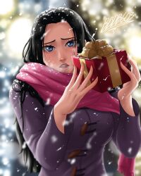 Rule 34 | 1girl, alternate costume, artist name, bbdbg03, black hair, blue eyes, boa hancock, coat, gift, highres, holding, holding gift, long hair, looking at viewer, one piece, open mouth, outdoors, pink scarf, purple coat, scarf, snowing, solo, teeth, upper body, upper teeth only