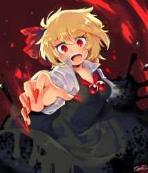 Rule 34 | 1girl, :d, ambiguous red liquid, blonde hair, blush, bow, breasts, crazy smile, darkness, dress, fingernails, hair bow, hair ribbon, iroyopon, medium breasts, nail polish, open mouth, popped collar, red eyes, red nails, red nose, ribbon, rumia, sharp fingernails, short hair, smile, solo, touhou