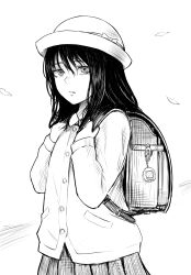 Rule 34 | 1girl, backpack, bag, cardigan, commentary request, cowboy shot, crime prevention buzzer, disorder!, greyscale, hat, highres, long hair, looking at viewer, monochrome, original, parted lips, pleated skirt, randoseru, school uniform, skirt, solo