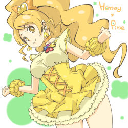 Rule 34 | 00s, 1girl, blonde hair, bow, character name, choker, color connection, cosplay, cure honey, cure pine, cure pine (cosplay), earrings, fresh precure!, frilled skirt, frills, hair bow, happinesscharge precure!, jewelry, kasetsu, long hair, magical girl, oomori yuuko, ponytail, precure, skirt, smile, solo, wide ponytail, wrist cuffs, yellow eyes, yellow skirt