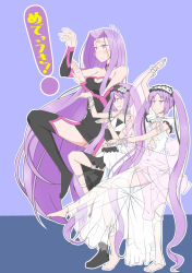 Rule 34 | 3girls, :&gt;, absurdly long hair, arm up, bare shoulders, barefoot, black ribbon, blue background, blush, boots, bracelet, breasts, choker, cleavage, cleavage cutout, clothing cutout, commentary request, dress, embarrassed, euryale (fate), euryale (third ascension) (fate), facial mark, fate/grand order, fate (series), flower, forehead mark, frills, frown, grin, hairband, highres, hip vent, jewelry, leg up, lolita hairband, long hair, medusa (fate), medusa (rider) (fate), medusa (rider) (third ascension) (fate), multiple girls, panties, parody, purple eyes, purple hair, ribbon, ring, see-through, siblings, sisters, sleeveless, sleeveless dress, smile, stheno (fate), stheno (third ascension) (fate), sweat, tasumetoro, thigh boots, thighhighs, translated, twins, underwear, very long hair, wavy mouth, white flower, white ribbon, yotsubato!, yotsubato! pose