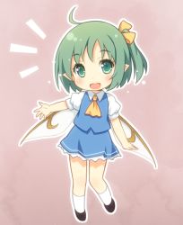 Rule 34 | 1girl, :d, ahoge, blush, chibi, daiyousei, fairy wings, female focus, green eyes, green hair, hair ribbon, looking at viewer, matching hair/eyes, mini person, minigirl, open mouth, outline, outstretched arm, pointy ears, ribbon, short hair, side ponytail, skirt, smile, solo, touhou, wings, yamasan