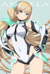 Rule 34 | 1girl, angela balzac, armpits, bad id, bad pixiv id, bare shoulders, black gloves, blonde hair, blue eyes, bodysuit, breasts, character name, contrapposto, covered navel, cowboy shot, elbow gloves, gloves, hair ornament, halterneck, hands on own hips, head tilt, headgear, highleg, highleg leotard, impossible clothes, impossible leotard, jet yowatari, large breasts, leotard, light smile, long hair, looking at viewer, rakuen tsuihou, simple background, smile, solo, standing, thighs, turtleneck