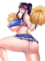 Rule 34 | 1girl, ass, bare shoulders, black hair, blunt bangs, blush, bouncing breasts, breasts, brown eyes, cheerleader, covered erect nipples, huge ass, huge breasts, long hair, looking at viewer, nishida megane, original, pom pom (cheerleading), ponytail, skirt, solo, thick thighs, thighs, underboob, undersized clothes, wavy mouth