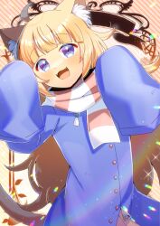 Rule 34 | 1girl, :d, ahoge, animal ear fluff, animal ears, blonde hair, blue jacket, blush, commentary request, commission, fangs, hands up, jacket, kou hiyoyo, long hair, long sleeves, open mouth, original, pink skirt, pleated skirt, purple eyes, scarf, skeb commission, skirt, sleeves past fingers, sleeves past wrists, smile, solo, striped background, striped clothes, striped scarf, tail, very long hair