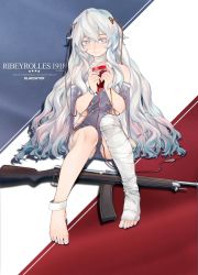 Rule 34 | 1girl, assault rifle, automatic rifle, bandages, bare shoulders, barefoot, blood, blue eyes, character name, chauchat-ribeyrolles 1918, creamyghost, dress, english text, feet, full body, girls&#039; frontline, gun, intravenous drip, long hair, looking at viewer, nail polish, ribeyrolles (girls&#039; frontline), ribeyrolles 1918, rifle, short dress, sitting, solo, toeless legwear, toenail polish, toenails, toes, weapon, white hair, white nails