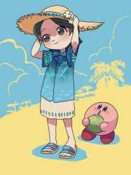 Rule 34 | 1girl, absurdres, adeleine, adjusting clothes, adjusting headwear, alternate costume, beach, black hair, blue eyes, blush stickers, coconut, drink, drinking straw, hat, highres, kirby, kirby (series), kirby and the forgotten land, momobosi, nintendo, palm tree, sandals, smile, straw hat, tree, tropic woods