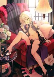 Rule 34 | 1girl, adapted costume, animal print, arm at side, armchair, bandaged arm, bandages, bare legs, black panties, bodypaint, bowl, breasts, center opening, chair, child&#039;s drawing, closed eyes, crayon, cup, curtains, deanna, drink, eyebrows, facial scar, fate/apocrypha, fate (series), floor, flower, food, frilled panties, frills, glass, heart, heart print, highres, hydrangea, indoors, jack the ripper (fate/apocrypha), knee up, light particles, macaron, milk, mug, navel, on chair, panties, paper, pillow, plate, rabbit print, rug, running bond, saucer, scar, scar on cheek, scar on face, shade, shoe dangle, short hair, sitting, sleeping, sleeveless, slippers, small breasts, solo, stomach, sugar cube, table, tassel, transparent, underboob, underwear, vase, wall, white hair, window, wooden floor