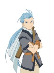 Rule 34 | 1boy, ahoge, artist request, blue eyes, blue hair, chester burklight, fingerless gloves, gloves, long hair, male focus, matching hair/eyes, official art, pants, ponytail, scarf, smile, solo, tales of (series), tales of phantasia, white background