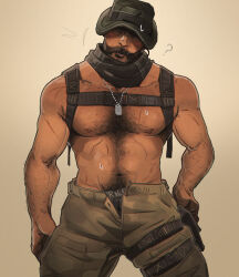 Rule 34 | 1boy, arm hair, artist name, bara, beard, black male underwear, black scarf, blush, brown pants, call of duty, call of duty: modern warfare 2, captain price, chest hair, chris sdd, facial hair, hat, highres, jewelry, large pectorals, male focus, male underwear, male underwear peek, mature male, muscular, muscular male, navel, navel hair, necklace, nipples, open pants, pants, pectorals, scarf, simple background, solo, topless male, underwear
