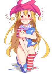 Rule 34 | &gt;:(, 1girl, american flag dress, american flag legwear, blonde hair, blush, clownpiece, covering breasts, covering crotch, covering privates, cuts, dress, embarrassed, flat chest, frilled shirt collar, frills, frown, furorina, hair between eyes, hat, highres, injury, jester cap, kneeling, long hair, looking at viewer, navel, no panties, nose blush, parted lips, polka dot, print thighhighs, red eyes, shirt, short sleeves, solo, star (symbol), star print, stomach, striped, tears, thighhighs, torn clothes, torn dress, torn shirt, torn thighhighs, touhou, v-shaped eyebrows, very long hair, white background