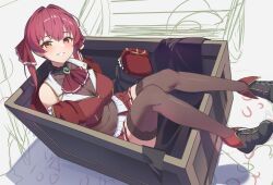 Rule 34 | 1girl, absurdres, black thighhighs, box, heterochromia, highres, hololive, houshou marine, in box, in container, red hair, reulem, solo, thighhighs, unfinished, virtual youtuber
