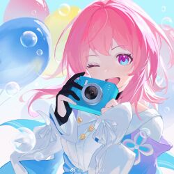 Rule 34 | 1girl, absurdres, balloon, black choker, black gloves, blue eyes, blue jacket, breasts, bubble, buttons, camera, chinese commentary, choker, commentary request, dress shirt, flower ornament, gloves, highres, holding, holding camera, honkai: star rail, honkai (series), jacket, long sleeves, making-of available, march 7th (honkai: star rail), medium breasts, medium hair, one eye closed, pink eyes, pink hair, shirt, single glove, smile, solo, tied jacket, two-tone eyes, upper body, weibo logo, weibo watermark, white shirt, yuyishui