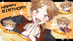 Rule 34 | + +, 1boy, :3, :d, :i, black jacket, black shirt, blue pants, blush, brown eyes, brown hair, chibi, closed eyes, closed mouth, commentary request, drooling, eating, fingernails, floral print, food, fushimi gaku, hair between eyes, happy birthday, jacket, jewelry, loafers, long sleeves, magatama, magatama necklace, male focus, mouth drool, multiple views, necklace, nijisanji, open clothes, open jacket, open mouth, own hands together, palms together, pants, parted bangs, print jacket, red jacket, ring, saliva, shirt, shoes, smile, sparkle, v-shaped eyebrows, virtual youtuber, white footwear, white shirt, yamabukiiro