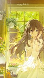Rule 34 | 1girl, black eyes, black hair, blush, closed mouth, collarbone, day, dress, flower, happy birthday, highres, holding, holding flower, indoors, long hair, looking at viewer, mari (faraway) (omori), mari (omori), omori, plant, potted plant, short sleeves, smile, solo, spoilers, white dress, window, zs zealsummer