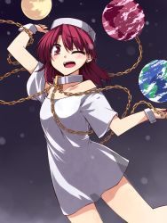 Rule 34 | 1girl, ;d, alternate costume, blouse, chain, collar, earrings, earth (planet), hat, hecatia lapislazuli, hemogurobin a1c, jewelry, moon, naked shirt, one eye closed, open mouth, planet, red eyes, red hair, shirt, smile, solo, touhou, white shirt, wrist cuffs