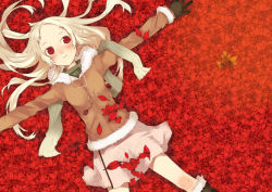 Rule 34 | 1girl, autumn leaves, blonde hair, haruse hiroki, lying, on back, original, outstretched arms, red eyes, scarf, skirt, solo, spread arms