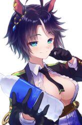 Rule 34 | 1girl, absurdres, ahoge, animal ears, belt, black gloves, black hair, black jacket, black necktie, blue eyes, bottle, breasts, brown belt, center frills, cleavage, closed mouth, collared shirt, commentary request, ear ornament, ear piercing, frilled shirt, frills, fuji kiseki (umamusume), gloves, hands up, highres, holding, holding bottle, horse ears, horse girl, jacket, long sleeves, looking at viewer, medium breasts, multicolored hair, necktie, open clothes, open jacket, partially unbuttoned, piercing, pocari sweat, riyusan (bamiyanhiyoyoyo), shirt, short hair, sidelocks, simple background, smile, solo, standing, sweat, umamusume, underbust, upper body, white background, white hair, white shirt