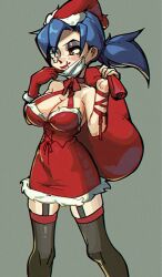 1girl alternate_costume blue_hair blush breasts bubene cleavage cowboy_shot dress eyeshadow garter_straps gloves green_background halterneck hat large_breasts lipstick makeup mask_pull mouth_mask ponytail red_eyes red_lips sack santa_dress santa_hat scar scar_on_face single_glove skullgirls smile solo surgical_mask thighhighs valentine_(skullgirls)