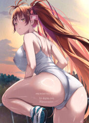Rule 34 | 1girl, amasora taichi, artist name, ass, ass focus, brown hair, closed mouth, cloud, colored inner hair, covered erect nipples, from behind, glaze artifacts, highres, looking at viewer, looking to the side, multicolored hair, one-piece swimsuit, original, pink hair, shoes, sneakers, solo, sunset, swimsuit, twitter username, water, white footwear, white one-piece swimsuit, yellow eyes
