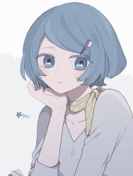 Rule 34 | 1girl, blue eyes, blue hair, blush, expressionless, hair ornament, hand on own cheek, hand on own face, highres, looking to the side, maco22, neckerchief, original, polka dot neckerchief, short hair, solo