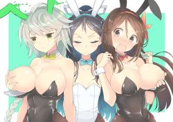 Rule 34 | &gt;:(, 3girls, alternate costume, amagi (kancolle), animal ears, arms at sides, asymmetrical hair, bare shoulders, black hair, black leotard, blue background, blue eyes, blush, breast envy, breasts, breasts out, brown eyes, brown hair, brown legwear, closed eyes, collarbone, commentary request, covered navel, detached collar, embarrassed, fake animal ears, frown, girl sandwich, grabbing, grabbing another&#039;s breast, hair between eyes, hair ribbon, high ponytail, jitome, kantai collection, katsuragi (kancolle), large breasts, leotard, long hair, looking at another, mole, mole under eye, multiple girls, navel, nipple stimulation, nipple tweak, nipples, open mouth, pantyhose, playboy bunny, puffy nipples, rabbit ears, rabbit tail, ribbon, sandwiched, shiny clothes, silver hair, small breasts, strapless, strapless leotard, tail, unryuu (kancolle), upper body, v-shaped eyebrows, very long hair, wavy mouth, white leotard, white ribbon, wrist cuffs, yellow eyes, yuzuruka (bougainvillea)