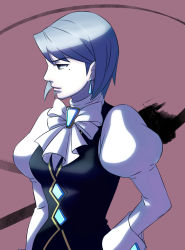 Rule 34 | 1girl, ace attorney, bow, brooch, chiaki7, closed mouth, cowboy shot, earrings, expressionless, franziska von karma, from side, gem, grey eyes, hand on own hip, jewelry, juliet sleeves, long sleeves, mole, mole under eye, profile, puffy sleeves, purple background, short hair, silver hair, simple background, sleeve cuffs, solo, turtleneck, upper body, vest, white bow