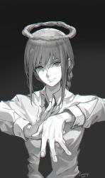 Rule 34 | 1girl, aura, braid, braided ponytail, chainsaw man, formal, grey background, highres, long sleeves, lucidsky, makima (chainsaw man), monochrome, necktie, own hands together, ringed eyes, shirt, signature, smile, solo, upper body, white shirt