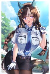 Rule 34 | 1girl, alternate costume, animal ears, belt, beret, black belt, black skirt, blue necktie, blue shirt, blush, border, breast pocket, breasts, brown hair, brown pantyhose, cloud, cloudy sky, collared shirt, commission, cowboy shot, day, ear covers, gloves, hat, highres, hokko tarumae (umamusume), horse ears, horse girl, horse tail, large breasts, long hair, looking at viewer, necktie, open mouth, outdoors, pantyhose, pencil skirt, pocket, police, police uniform, policewoman, purple eyes, shirokuma a, shirt, shirt tucked in, short sleeves, side slit, skeb commission, skirt, sky, smile, solo, tail, tree, umamusume, uniform, white border, white gloves, white hair, white hat