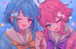 Rule 34 | 2girls, 382, :d, blue background, blue hair, blue nails, ensemble stars!, green eyes, hair ornament, himemiya tori, holding hands, multiple girls, nail polish, one eye closed, open mouth, pink hair, pink nails, purple eyes, shino hajime, simple background, smile, star (symbol), tagme, twintails