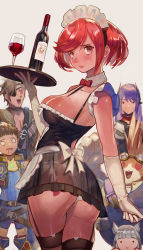 Rule 34 | 3boys, 3girls, alcohol, alternate costume, apron, blush, bottle, breasts, character request, dress, enmaided, highres, long hair, looking back, maid, maid apron, maid headdress, medium breasts, multiple boys, multiple girls, nia (xenoblade), nintendo, panties, poppi (xenoblade), poppi qtpi (xenoblade), purple hair, pyra (xenoblade), red eyes, red hair, rex (xenoblade), see-through, see-through dress, short hair, smile, spoilers, tora (xenoblade 2), tray, underwear, vic (vedream), wine, wine bottle, xenoblade chronicles (series), xenoblade chronicles 2, zeke von genbu (xenoblade)
