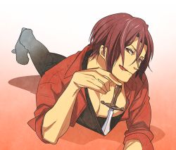 Rule 34 | 10s, 1boy, dagger, free!, gradient background, jacket, knife, leg lift, licking lips, lying, male focus, matsuoka rin, megumi-square, naughty face, nipples, on stomach, open clothes, open jacket, red hair, solo, tongue, tongue out, weapon