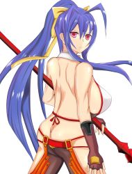 Rule 34 | 1girl, antenna hair, arc system works, ass, back, backless outfit, bare shoulders, blazblue, blazblue: central fiction, blazblue variable heart, bow, breasts, butt crack, fingerless gloves, frown, gender request, genderswap, gloves, hair bow, halterneck, highres, ksg, large breasts, long hair, looking at viewer, mai natsume, no bra, no panties, pants, pink eyes, polearm, ponytail, ribbon, shiny skin, sideboob, skin tight, solo, spear, very long hair, weapon