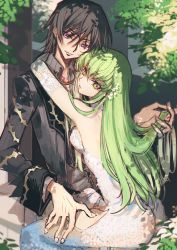 Rule 34 | 1boy, 1girl, arm around neck, ass, backless dress, backless outfit, black hair, breast press, breasts, c.c., choker, clothing cutout, code geass, collared shirt, couple, creayus, day, detached sleeves, dress, dress shirt, green hair, grey shirt, head tilt, hetero, holding another&#039;s hair, lelouch vi britannia, long hair, looking at viewer, medium breasts, open clothes, open shirt, parted lips, pink eyes, shirt, short hair, sideboob, sketch, sleeveless, sleeveless dress, thigh cutout, very long hair, white choker, white dress, white sleeves, wing collar, yellow eyes